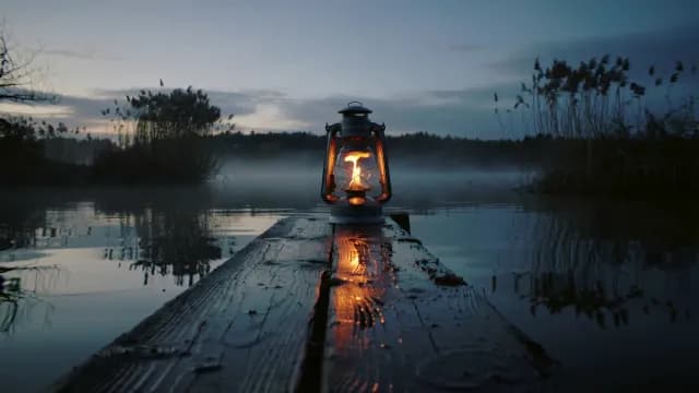 Vintage Lantern Glowing on a Wooden Pier at Misty Dawn