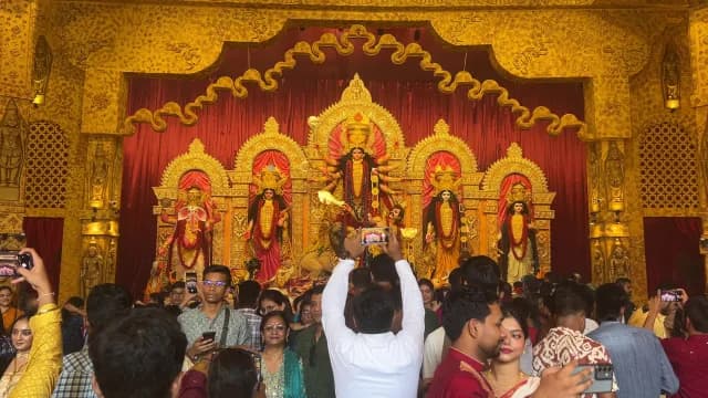 Devotees Celebrating Durga Puja Festival at Ornate Pandal in Chittaranjan Park New Delhi