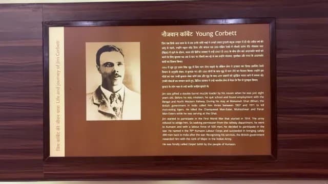 Informational Plaque Detailing the Early Life and Journey of Jim Corbett, Uttarakhand