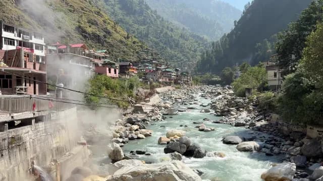 Scenic Mountain River Flowing Through Manikaran Village with Natural Hot Springs, Himachal Pradesh